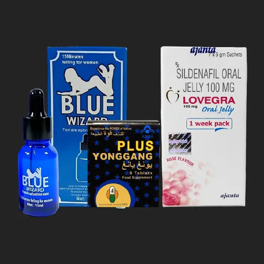 Collection of health and wellness products including a blue bottle, boxes labeled 'Blue Wizard', 'Plus Yonggang', and 'Lovegra'.