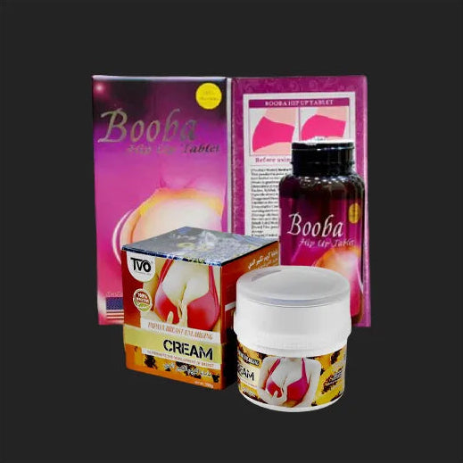 Booha Hip Up care + Papaya Breast products including tablets, cream, and a bottle on a dark background